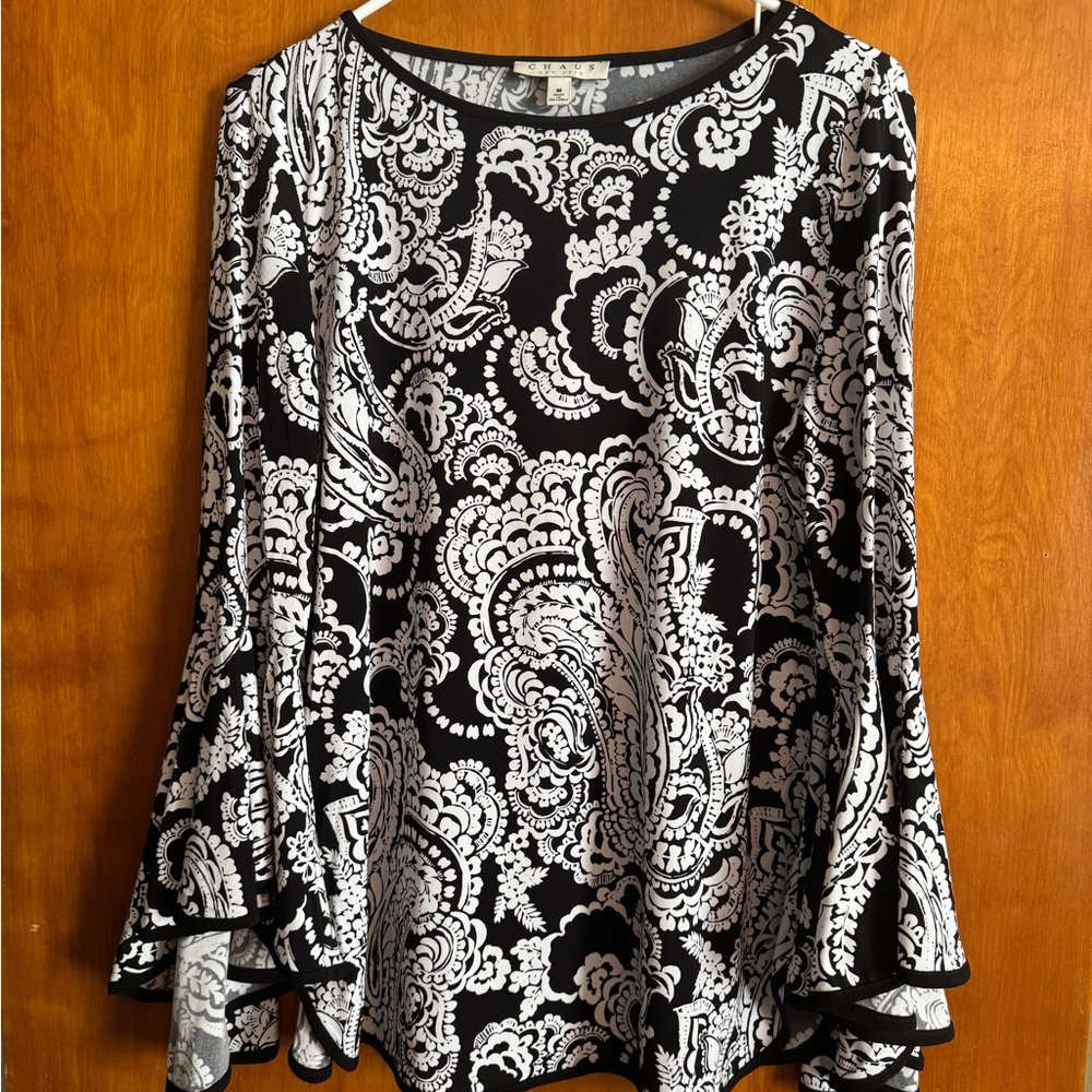 Chaus Black and White Paisley Blouse Bell Sleeves